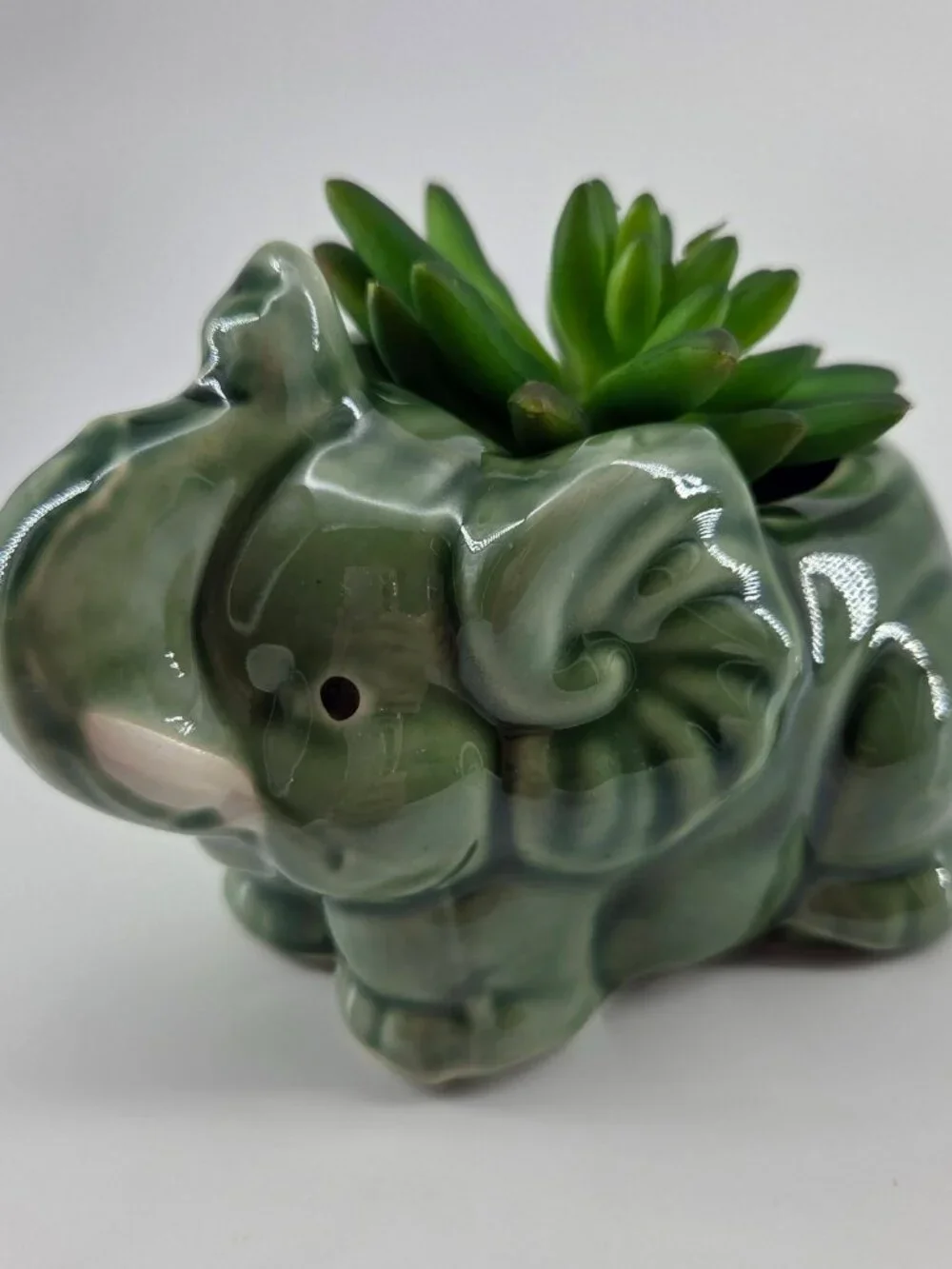 Vintage Sage Green Ceramic Elephant Planter Succulent Pot